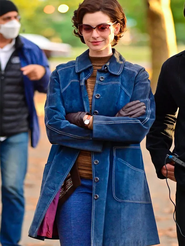 Anne Hathaway Armageddon Time Blue Suede Leather Coat